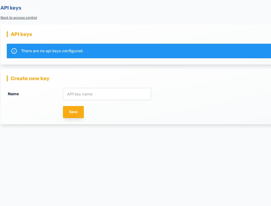 API Keys screen with the key list and create key form