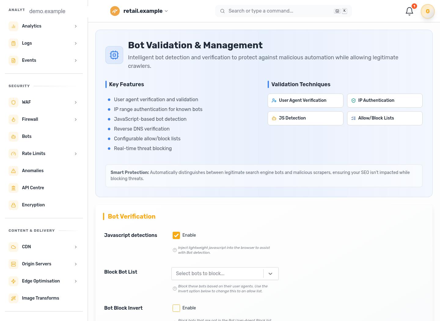 Bot protection settings showing validation techniques and bot verification controls