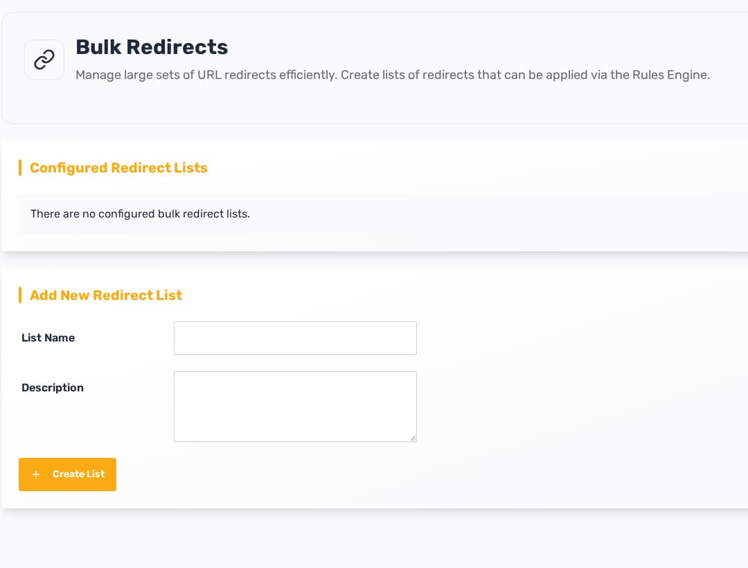Bulk Redirects screen with configured redirect lists and create list form