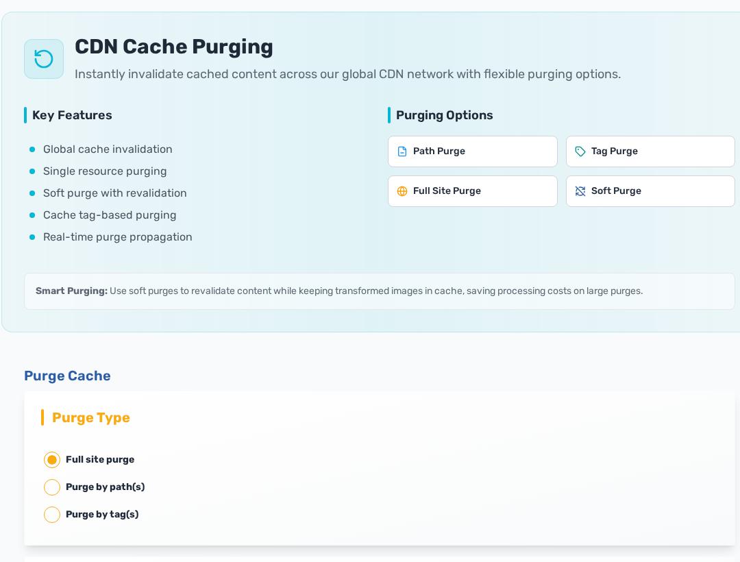 Cache purge controls for full site purge single resource purge and cache tag purge