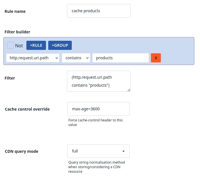 Rule configuration screen for URL and cache behavior controls