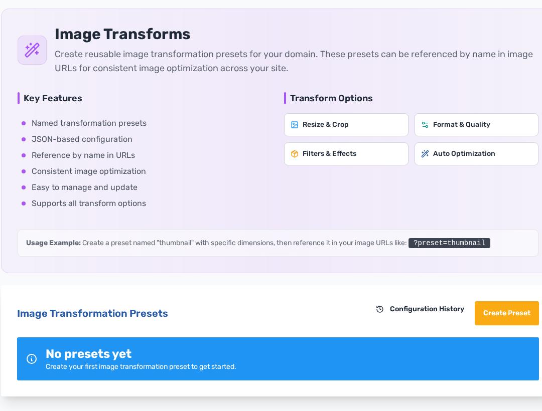 Image Transforms screen with transformation presets and resize quality options