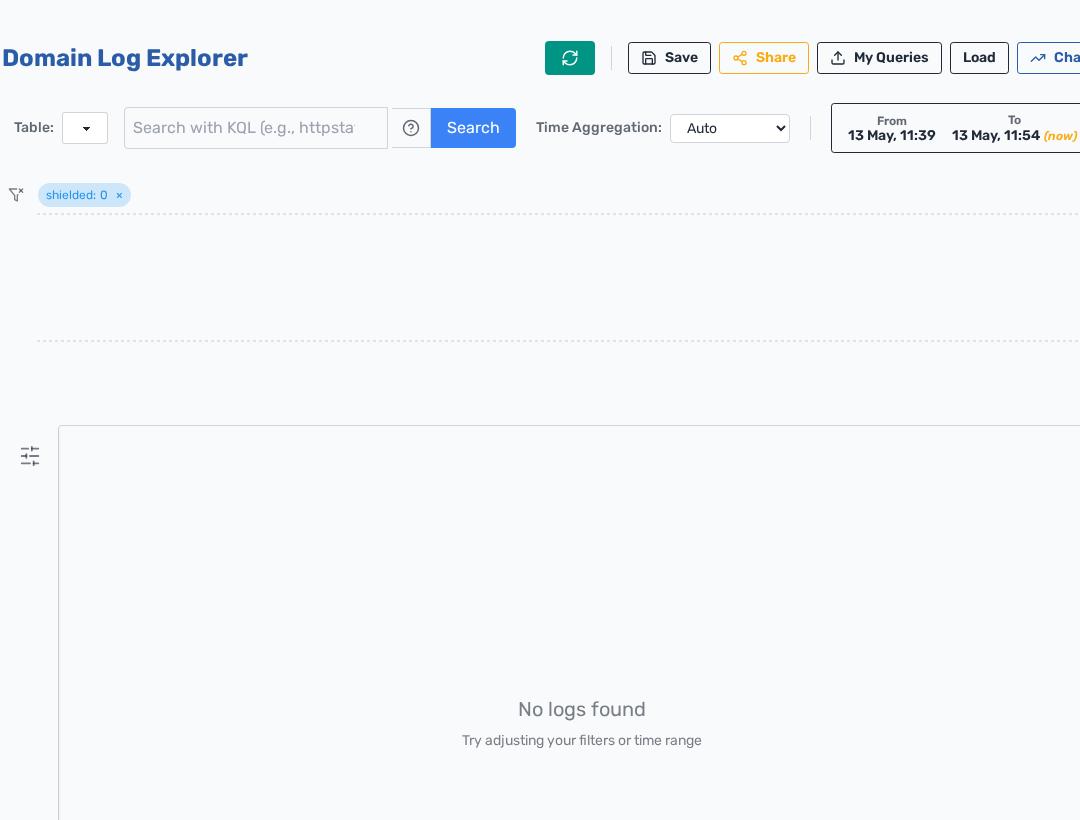 Domain Log Explorer screen with time controls and filter controls