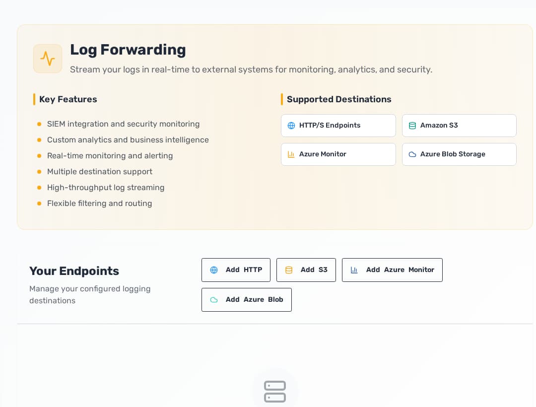 Log Forwarding screen with destination options and endpoint controls