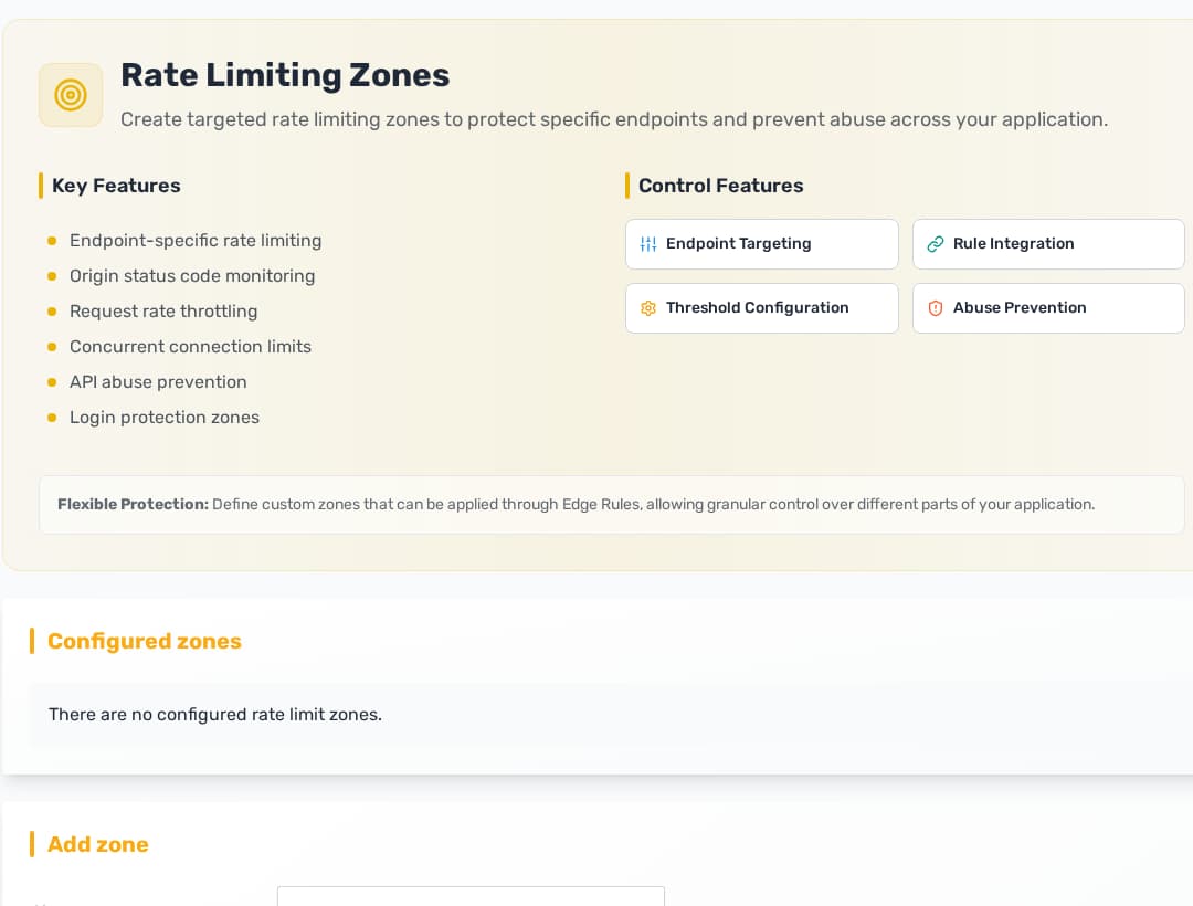 Rate limit zone settings with request limits and block duration fields