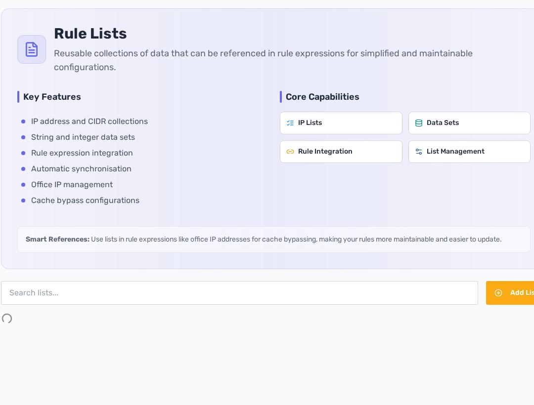 Rule Lists screen with list search and list creation controls