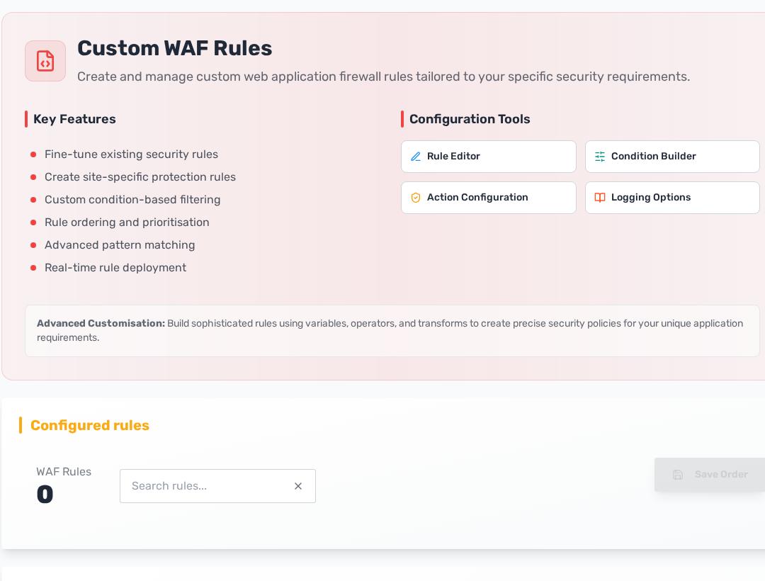 Custom WAF rules screen with rule configuration and helper tools