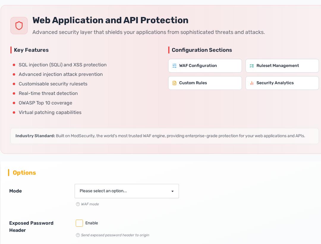 OWASP web application firewall settings with blocking mode and rule group controls