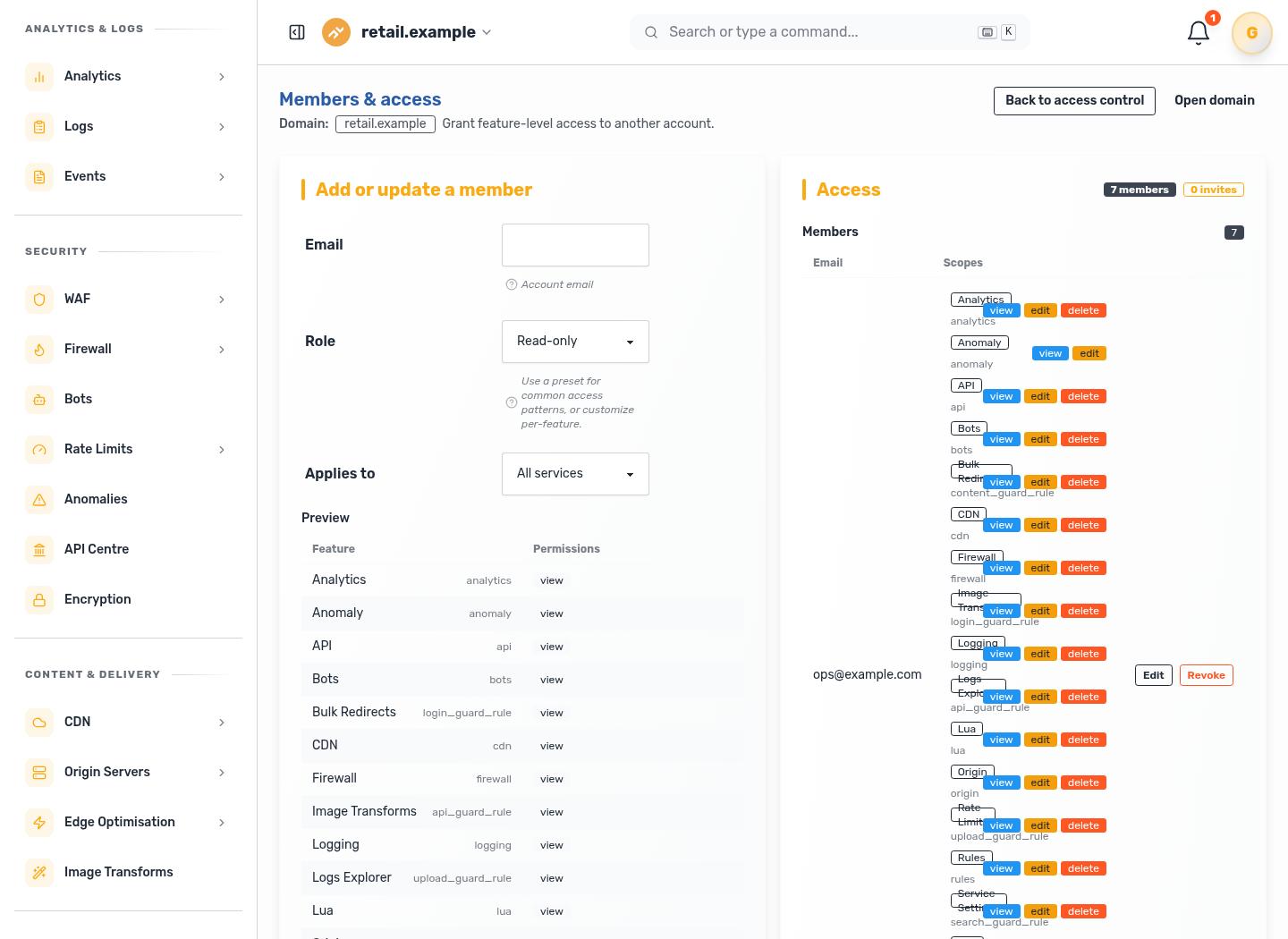 Access control dashboard showing policy filters, request decisions, and route-level evidence used for audit and incident response.