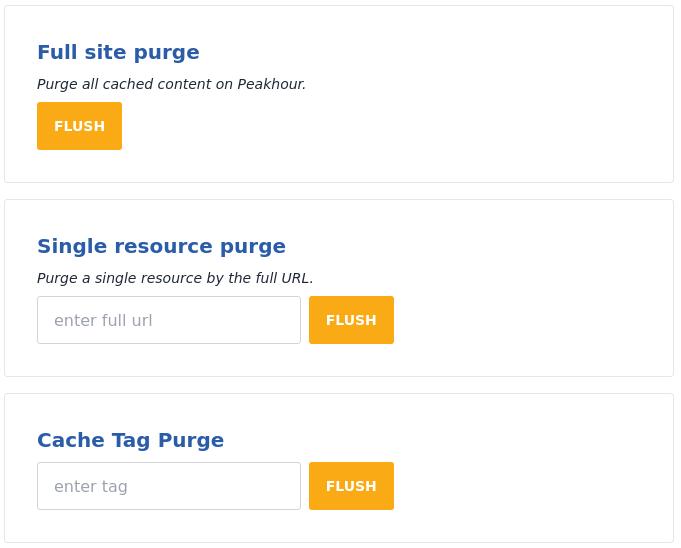 Cache purge dashboard showing full site purge, single resource purge, and cache tag purge controls used for WordPress publishing updates.
