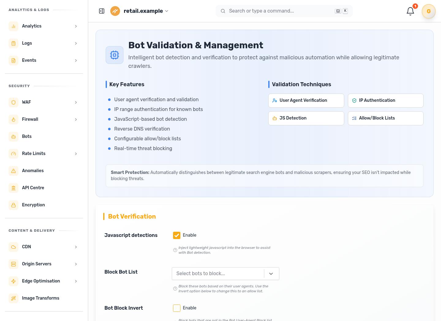 Bot validation and management dashboard showing allowed validation techniques and bot control settings.