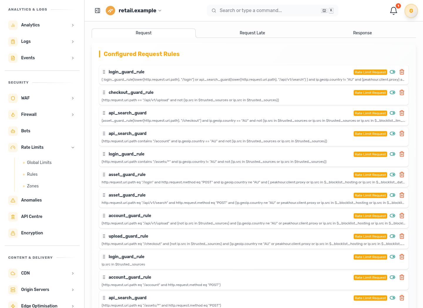Peakhour dashboard request rules showing path-specific policy controls before a request action is applied.