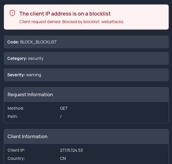 Peakhour dashboard showing a blocked client IP on the webattacks blocklist with category, severity, and decision code.