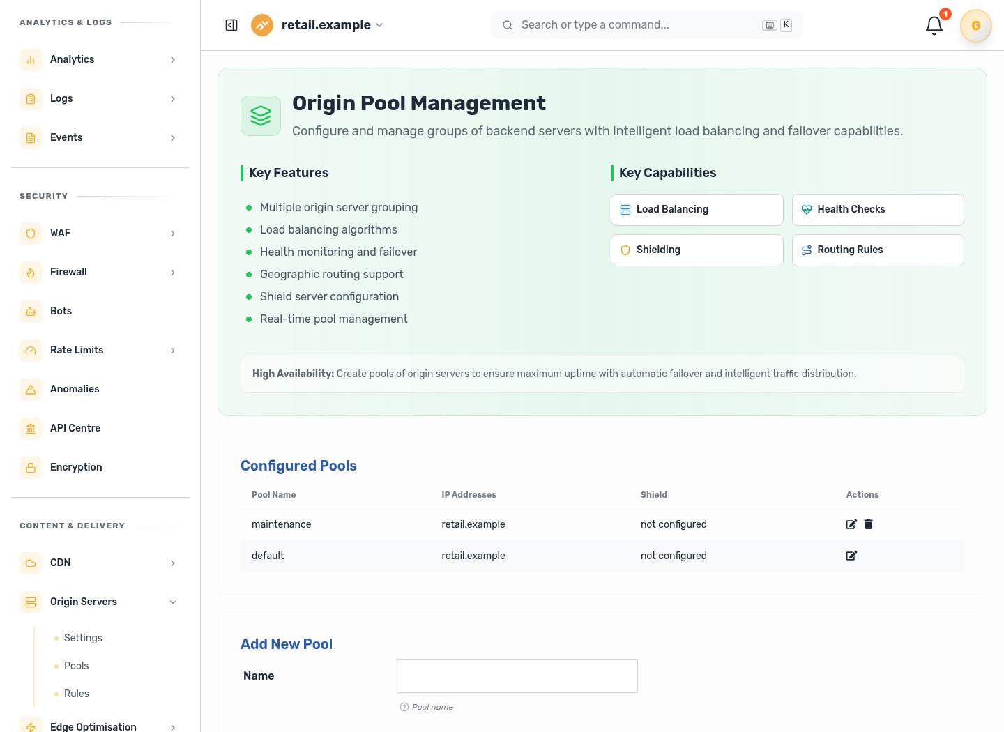 Local server load balancing dashboard showing origin pool routing and balancing policy.