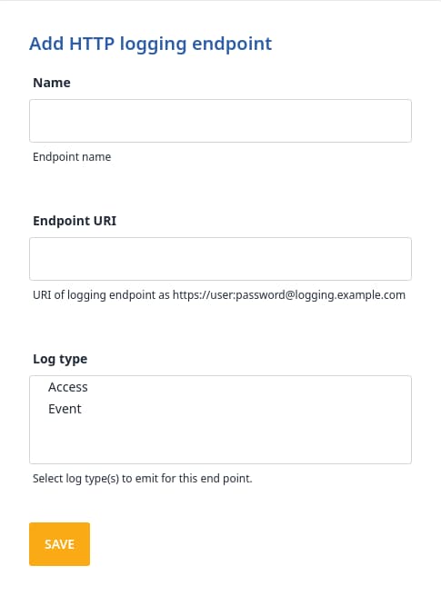 Peakhour HTTP logging endpoint form showing endpoint name, endpoint URL, log type, and save action.