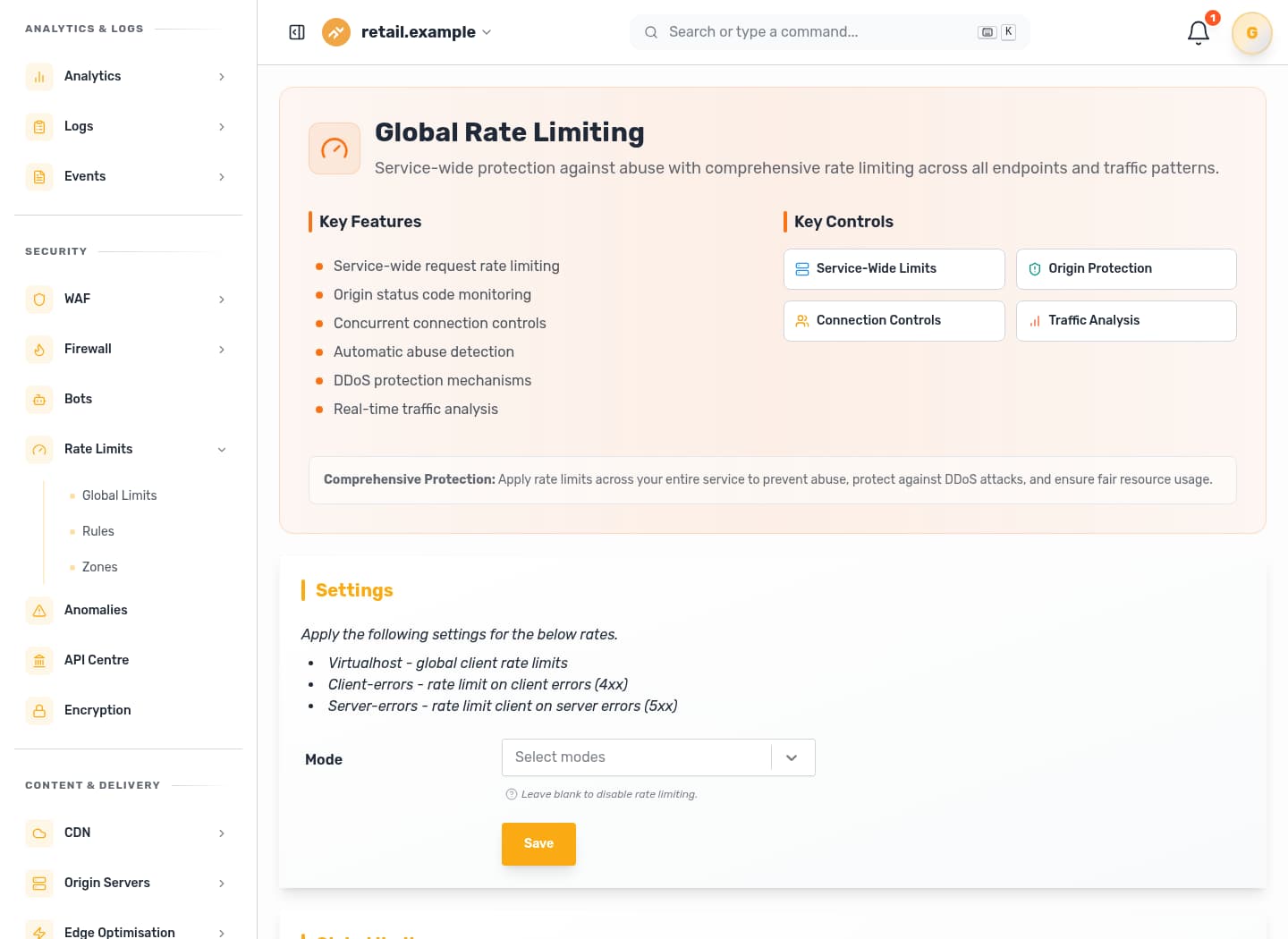 Global rate limiting dashboard showing service-wide abuse controls, key controls, and threshold settings.
